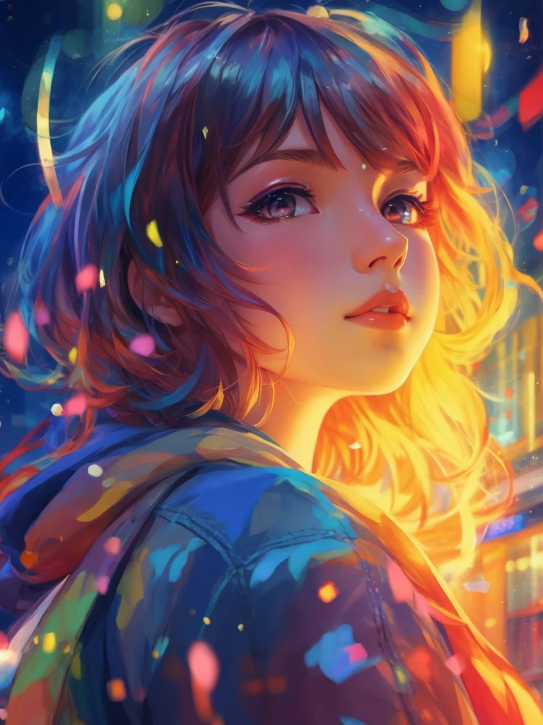 a girl with a bright hair and a blue jacket looks at the camera, inspired by Yuumei, digital anime art, colorful digital painting, rossdraws cartoon vibrant, anime style 4 k, alice x. zhang, by Yuumei, digital anime illustration, beautiful anime portrait, vibrant digital painting, detailed digital anime art, anime digital art