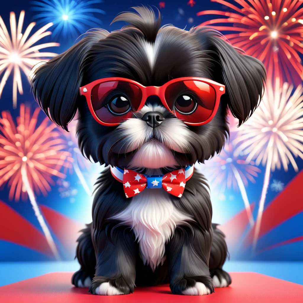 Adorable small black Shih Tzu puppy wearing red sunglasses red, white and blue firework background 3d cartoon, 3d render, disney pixar style
