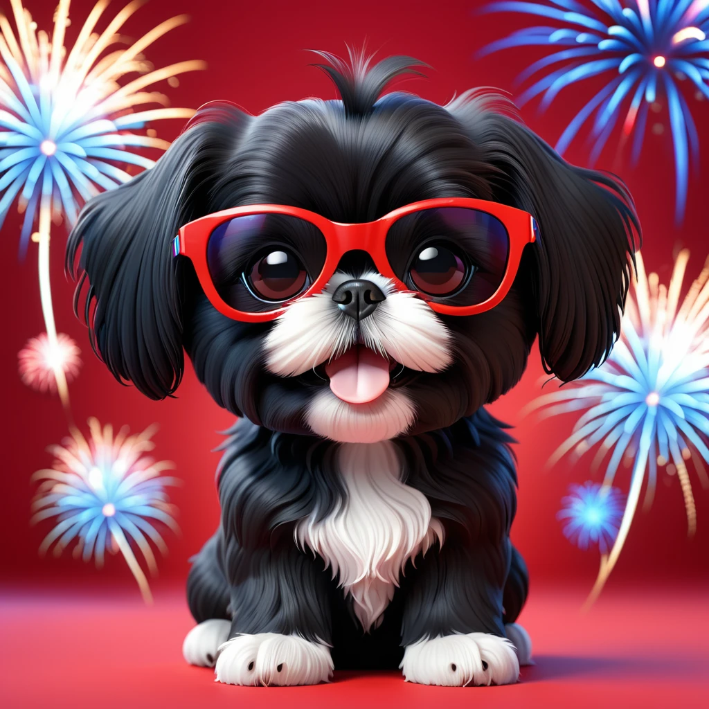 Adorable small black Shih Tzu puppy wearing red sunglasses red, white and blue firework background 3d cartoon, 3d render, disney pixar style