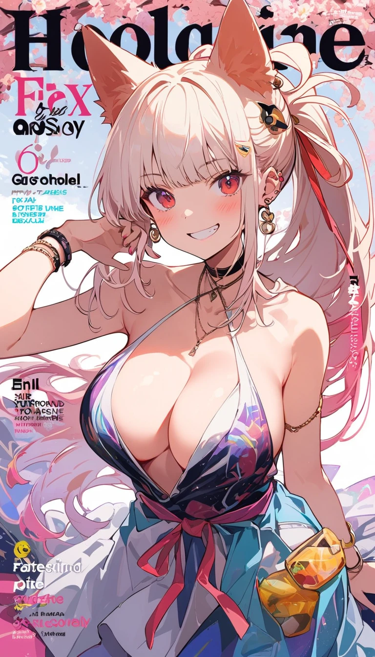 masterpiece, Highest quality, whole body, One girl, bangs, black choker, blush, bracelet, chest, choker, clothes The surrounding area waist, clavicle, Cowboy Shot, ear Earrings, Eyebrows visible through hair, Gradient Hair, Grin, fix, jewelry, Kogal, Long Hair, View Viewer, Earrings, Red eyes, ring, , smile, alone, street, null, cherry blossoms, petal,figure, (magazine:1.3), (cover-style:1.3), fashionable, woman, Vibrant, Pause, front, colorful, dynamic, background, element, have confidence, Performance, Holding, statement, accessories, Majestic, Coiled, The surrounding area, touch, scene, article, cover, bold, to attract attention, title, stylish, font, Catchy, Heading, big, impressive, Modern, trend, concentrated, fashion,((masterpiece)), Highest quality, Absurd, Super detailed, Holographic, Cowboy Shot, ダイナミックなPause, Golden Ratio, Very cute girl, Mature Girls, Very beautiful, Super beautiful asian girl with super beautiful purple eyes, Very beautiful white hair, Shiny skin, High Ponytail, nice and sexy body, Slim and delicate body, Perfect body, Cute Panties, Fox Headset, Get your picture taken in a cute alien spaceship,naked,Big Breasts,Sexy