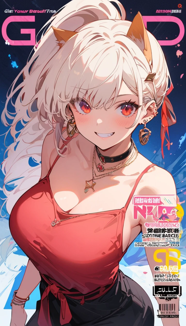 masterpiece, Highest quality, whole body, One girl, bangs, black choker, blush, bracelet, chest, choker, clothes The surrounding area waist, clavicle, Cowboy Shot, ear Earrings, Eyebrows visible through hair, Gradient Hair, Grin, fix, jewelry, Kogal, Long Hair, View Viewer, Earrings, Red eyes, ring, , smile, alone, street, null, cherry blossoms, petal,figure, (magazine:1.3), (cover-style:1.3), fashionable, woman, Vibrant, Pause, front, colorful, dynamic, background, element, have confidence, Performance, Holding, statement, accessories, Majestic, Coiled, The surrounding area, touch, scene, article, cover, bold, to attract attention, title, stylish, font, Catchy, Heading, big, impressive, Modern, trend, concentrated, fashion,((masterpiece)), Highest quality, Absurd, Super detailed, Holographic, Cowboy Shot, ダイナミックなPause, Golden Ratio, Very cute girl, Mature Girls, Very beautiful, Super beautiful asian girl with super beautiful purple eyes, Very beautiful white hair, Shiny skin, High Ponytail, nice and sexy body, Slim and delicate body, Perfect body, Cute Panties, Fox Headset, Get your picture taken in a cute alien spaceship,naked,Big Breasts,Sexy