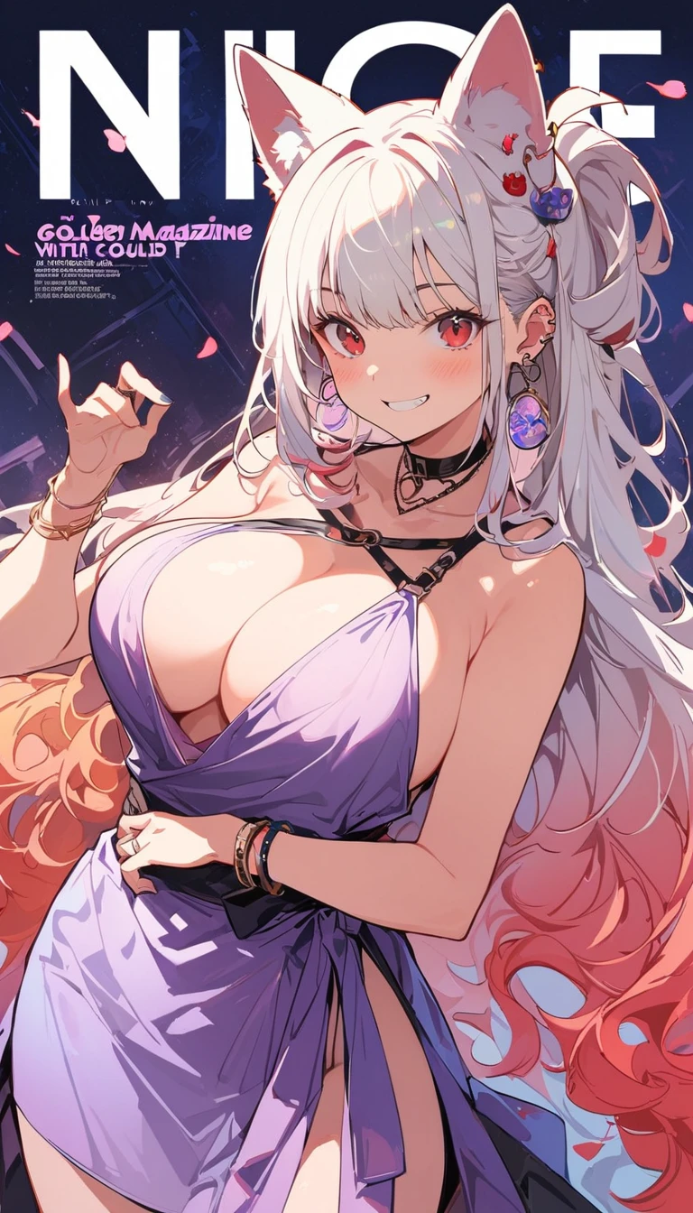 masterpiece, Highest quality, whole body, One girl, bangs, black choker, blush, bracelet, chest, choker, clothes The surrounding area waist, clavicle, Cowboy Shot, ear Earrings, Eyebrows visible through hair, Gradient Hair, Grin, fix, jewelry, Kogal, Long Hair, View Viewer, Earrings, Red eyes, ring, , smile, alone, street, null, cherry blossoms, petal,figure, (magazine:1.3), (cover-style:1.3), fashionable, woman, Vibrant, Pause, front, colorful, dynamic, background, element, have confidence, Performance, Holding, statement, accessories, Majestic, Coiled, The surrounding area, touch, scene, article, cover, bold, to attract attention, title, stylish, font, Catchy, Heading, big, impressive, Modern, trend, concentrated, fashion,((masterpiece)), Highest quality, Absurd, Super detailed, Holographic, Cowboy Shot, ダイナミックなPause, Golden Ratio, Very cute girl, Mature Girls, Very beautiful, Super beautiful asian girl with super beautiful purple eyes, Very beautiful white hair, Shiny skin, High Ponytail, nice and sexy body, Slim and delicate body, Perfect body, Cute Panties, Fox Headset, Get your picture taken in a cute alien spaceship,naked,Big Breasts,Sexy