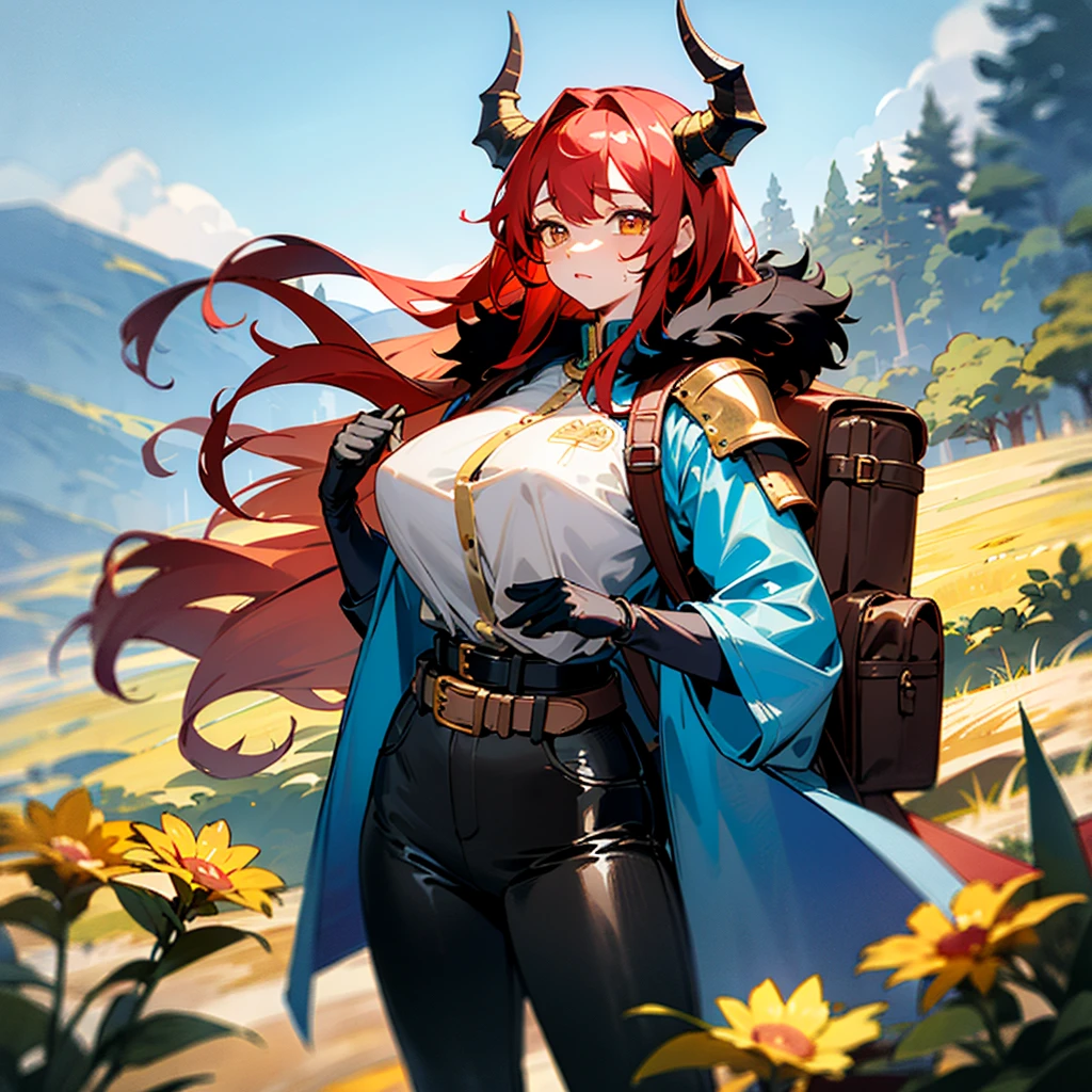 young Korean woman with golden eyes and lush red hair and large horns, wet bronze skin, huge chest, wearing a blue coat with black fur and rolled up sleeves, steel silver heavy armor, wide leather red belt with large gold yarn, leather black pants, leather gloves, a hiking backpack, stands in the middle of a meadow blooming with flowers against the backdrop of high mountains and forests,