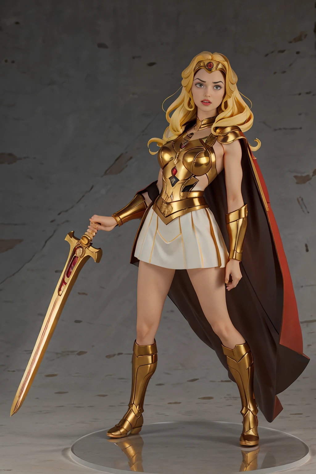 ((Full body photo, standing, feet on the ground)) 2 girl, Gal Gadot, ultra-realism, ultra-resolution, HDR, Photographic realism, Heroine pose, holding a sword, woman, medium breasts, straight hair and large, with golden Scorpion armor with white and red details, Knight of the Zodiac, golden Athenian helmet, black cape, in Greece, fight, 8k, full body, slight smile, frontal shot.
