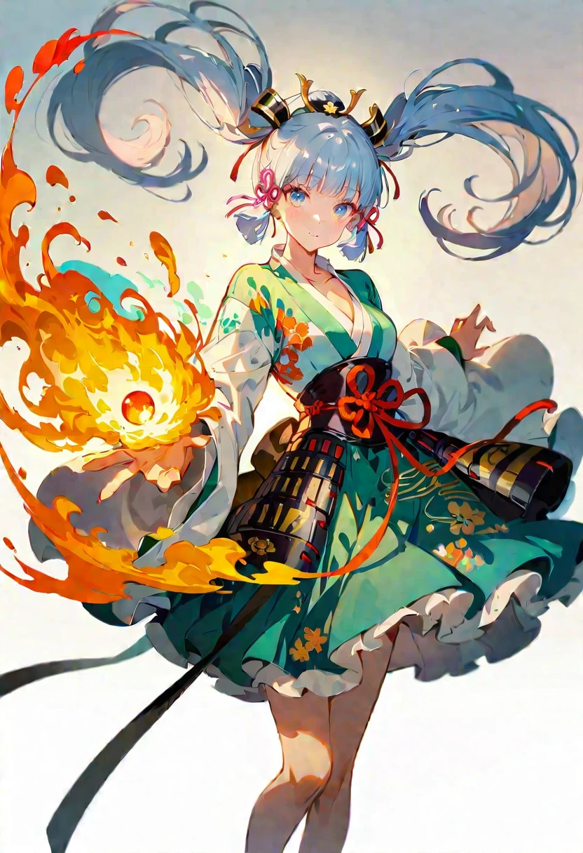 (Fire Spirit:1.2), (masterpiece), (best quality), (Extremely detailed),(illustration), (1 Girl), (Fashion), permanent, fashion model, Looking at the audience, (interview), (Simple background), Beautiful and delicate eyes, Exquisite beauty, floating, (High Saturation), (Colorful splash), Colored bubbles, (shine), Focus on the face, Twin Tails, Kamisato Ayaka, Light blue hair, floating flowers, (shining), Optimal lighting, The best shadow, whole body, Vista,Heavy makeup