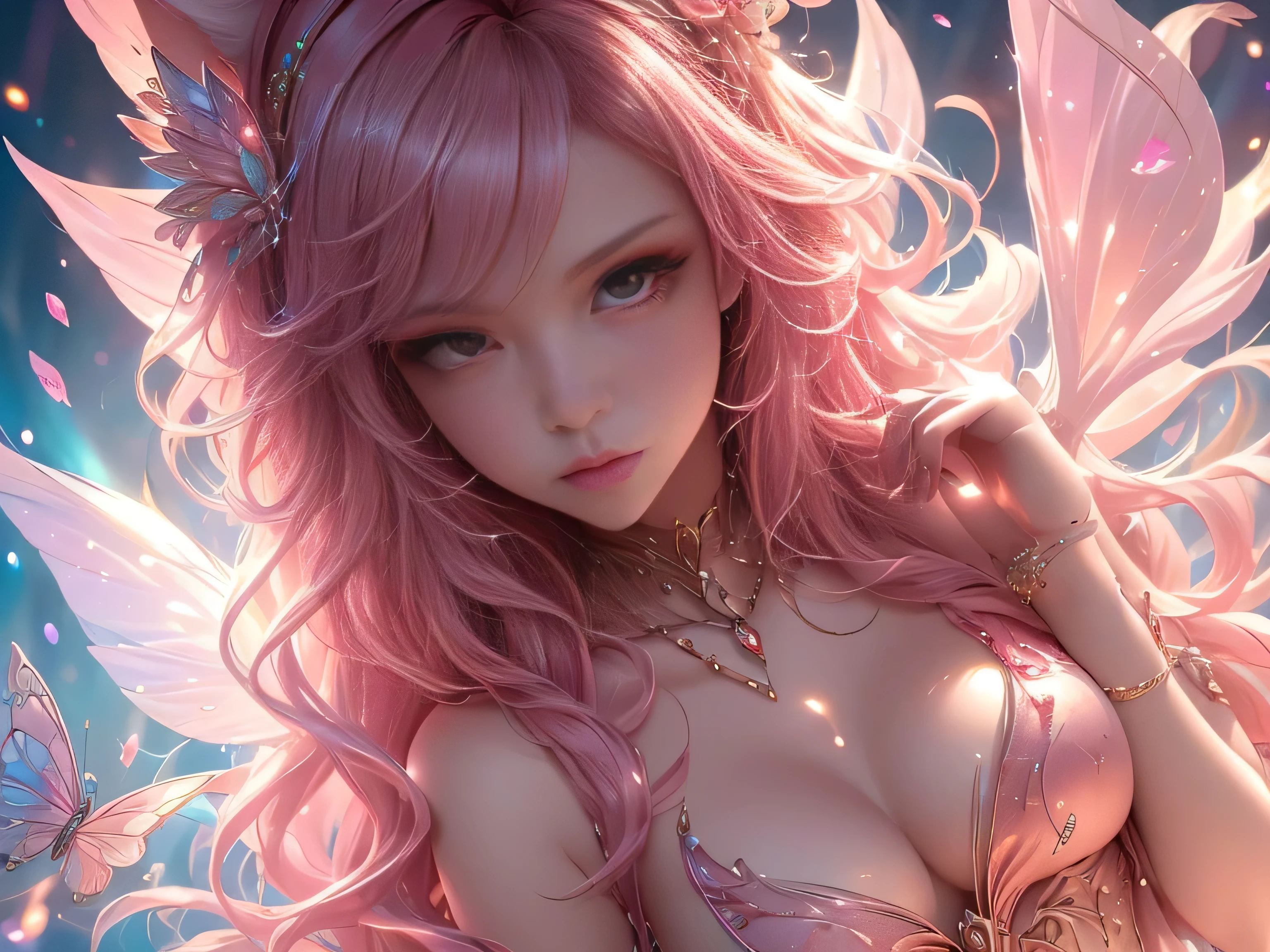 (Best Quality, 8K, Masterpiece, HDR, Soft Lighting, Picture Perfect, Realistic, Vivid), Cat Girl (1.0), Cat Girl with Red Hair and brown eyes and Sexy Revealing Clothes, Pink Bodysuit with Glitter Texture, Beautiful Anime Fantasy, Very beautiful and cute cat girl, large pink butterflies fly around, background blur, anime fantasy, work in Gouves style, realistic: 1.37, top view, red cat girl lies in blue flowers, large pink butterflies fly around, horizontal view, (Ultra High Quality Fantasy Art), Masterpiece, Female Model, Ultra High Quality Female Character Designs, Detailed 8k Anime Art, Realistic Anime Art, Highest Quality Wallpapers, Intricate Ultra High Quality Accurate Female Character Faces, High Quality Designs and Accurate Physics (Fantasy - Ultra High Quality) quality) quality)) art), dark fantasy style), masterpieces, super high-quality characters, anime resolution - 8K, realistic anime art, wallpaper with the highest quality illustrations, ultra-high detail of faces, high-quality design and accurate physics), color, depth of field, shadows, ray tracing, high quality workmanship. -high quality and 8K resolution, (Accurate simulation of the interaction of light and materials)], [High-quality hair detail [More about beautiful and shiny red hair]], (Beautifully detailed hands [perfect fingers [Perfect nails]]], (perfect anatomy (perfect proportions)))) [[Full-length]], [Perfect combination of colors (Accurate imitation of the interaction of light and material)], [art that conveys the meaning of the story](modified)