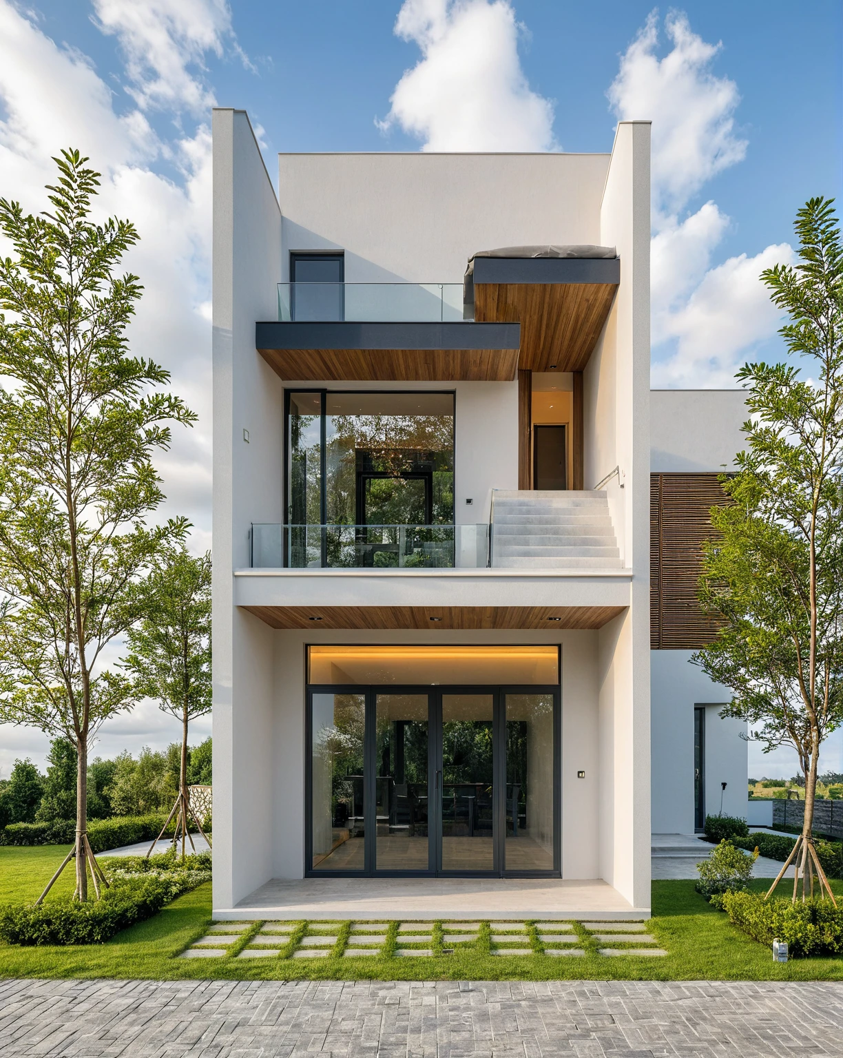 Masterpiece, high quality, best quality, authentic, super detail, outdoors, onestoreyvillaXL, aiaigroup, house style modern on the street ,stairs, white wall ,road,pavement, grass, trees, sky, cloud, (daylight:1.1)
