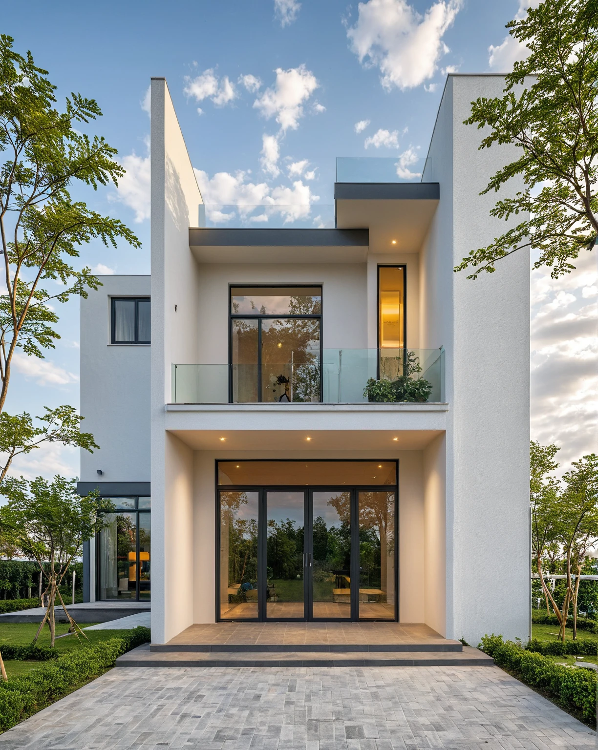 Masterpiece, high quality, best quality, authentic, super detail, outdoors, onestoreyvillaXL, aiaigroup, house style modern on the street ,stairs, white wall ,road,pavement, grass, trees, sky, cloud, (daylight:1.1)