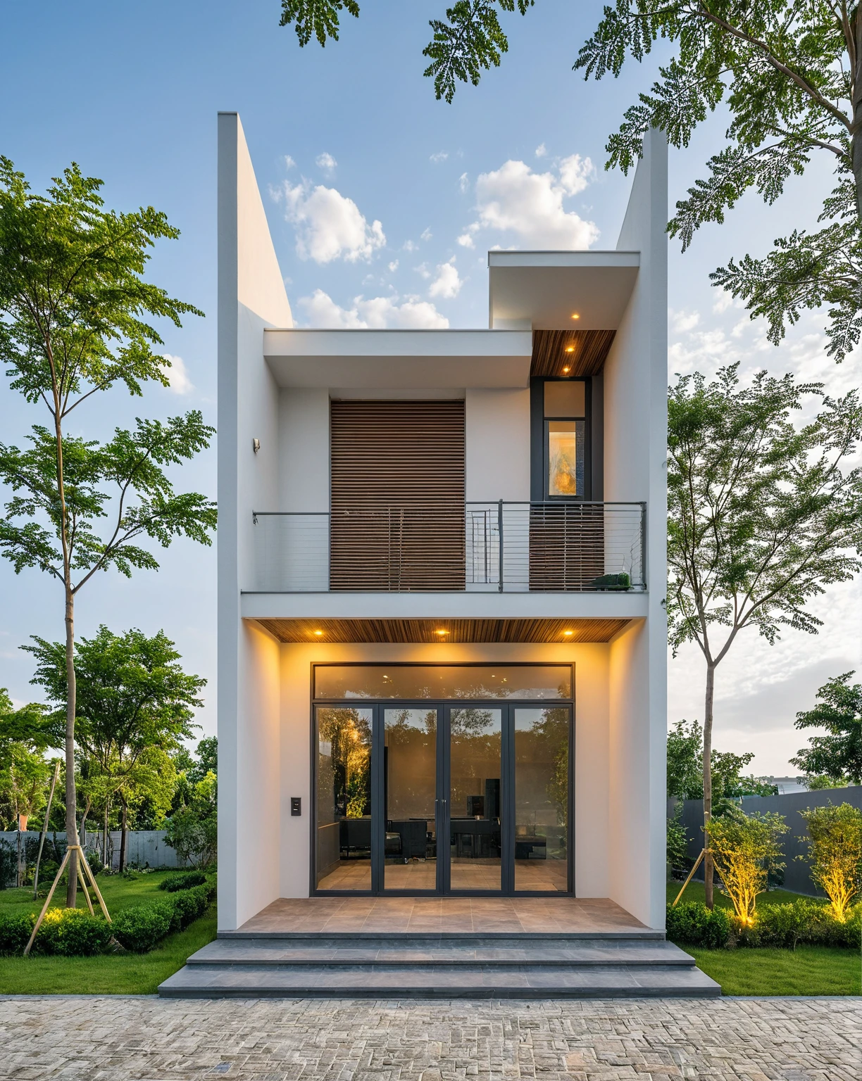 Masterpiece, high quality, best quality, authentic, super detail, outdoors, onestoreyvillaXL, aiaigroup, house style modern on the street ,stairs, white wall ,road,pavement, grass, trees, sky, cloud, (daylight:1.1)
