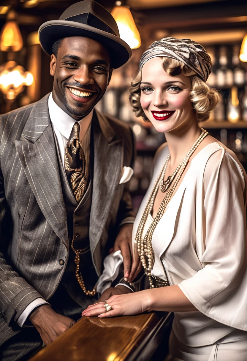 Black man dressed in a 1920s style African attire and white woman dressed in 1920s style European attire, both smiling at the viewer. In a bar full of joyous people. 1920s style of art, black and white colour grading. 