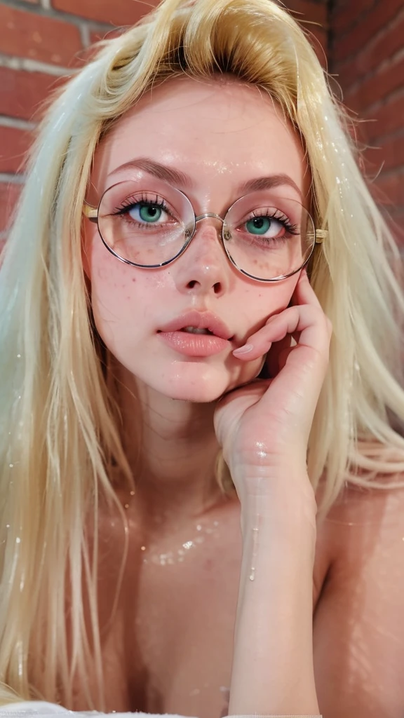 dynamic close-up of the upper part of 1 Russian woman, legitimate albino, extremely slim and beautiful, perfect body, (well-shaped and delicate face with (freckles)), skin with highly detailed depth, she is leaning against a brick wall, (hair over the eyes, long, slightly messy and shiny, wavy blonde hair), (detailed, large and bright eyes, light green eyes, curved eyelashes, large glasses), (sensual pout with mouth), wearing a short sweater showing the shoulders , (she is sweaty (shining with sweat)), ultra realistic image, perfect symmetry, vibrant and sharp, dynamic vision, high quality, hyper-realistic and cinematic 16k.