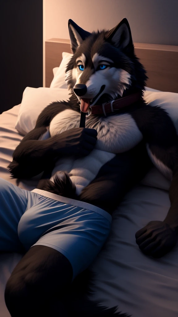 Lying downi on back ontop of bed, Male, 30 years old, cute, eyeliner, mouth open with tongue hanging out, topless, anthro, wolf ears, (white and black fur:1.5), wolf, bedroom background, 8k, hi res, (best quality, masterpiece), (wolf tail:1.5), detailed fur, solo, night, leashing and collar, boxers, blue eyes, sleepy