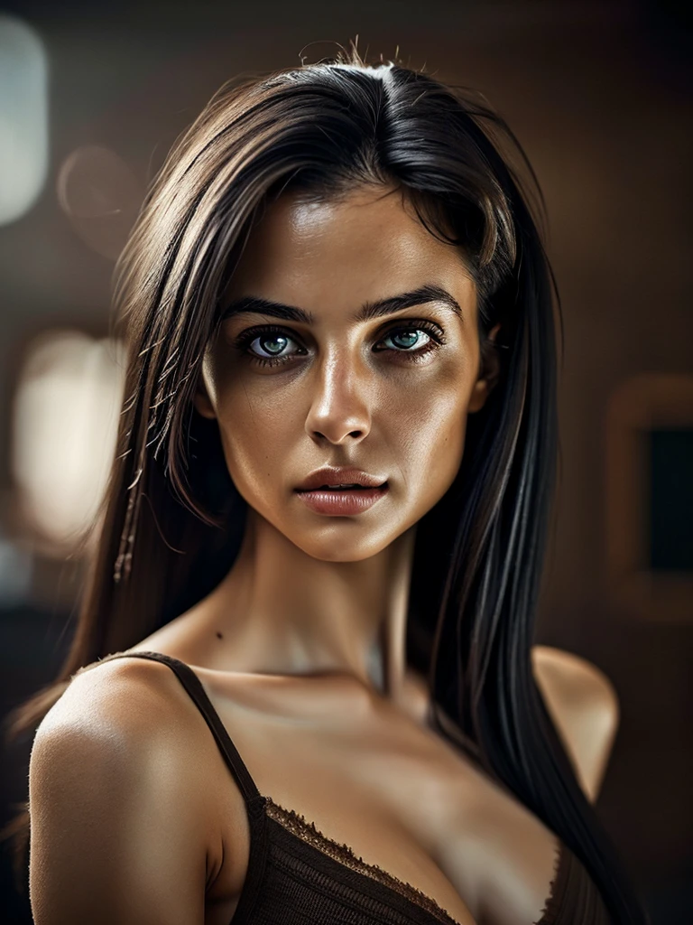 a beautiful woman with long, flowing black hair, deep brown eyes, slim body, realistic, cinematic photography,4k imege