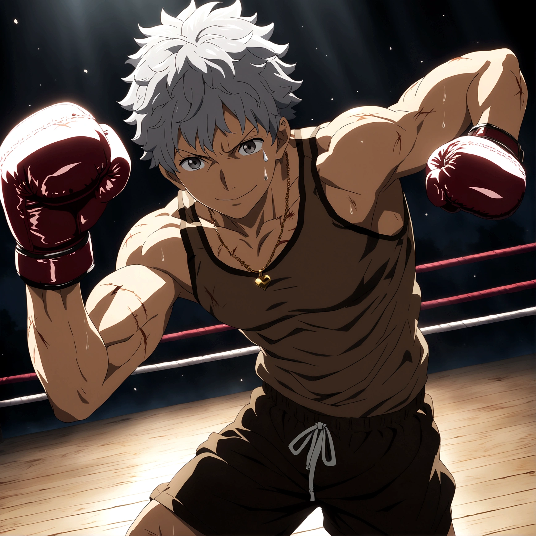 Young man, muscular and robust body, short gray hair, brown tank top, boxing shorts, stitched leather boxing gloves, fight wounds on the body, innocent smile, pointed nose, teardrop symbol necklace, boxer pose, "Anime features inspired by One Piece, drenched in dramatic and incredible lighting, dramatic lighting, infused with creative details, ultra-fine 2D design, scenery bathed in creativity, bathed in creativity, boasting HD anime resolution clarity, HD anime graphics, high-octane rendering"