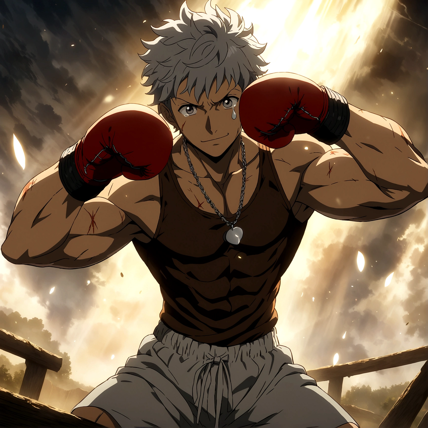 Young man, muscular and robust body, short gray hair, brown tank top, boxing shorts, stitched leather boxing gloves, fight wounds on the body, innocent smile, pointed nose, teardrop symbol necklace, boxer pose, "Anime features inspired by One Piece, drenched in dramatic and incredible lighting, dramatic lighting, infused with creative details, ultra-fine 2D design, scenery bathed in creativity, bathed in creativity, boasting HD anime resolution clarity, HD anime graphics, high-octane rendering"