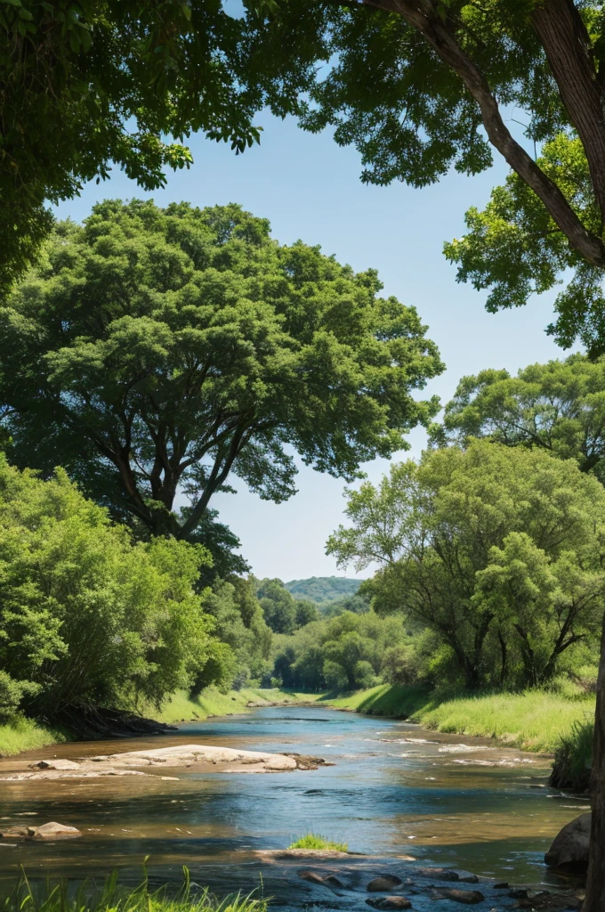 There is a big tree in the middle, a river, and some ground. Nature is closer. The distance is better. The ground is closer. The river is smaller.