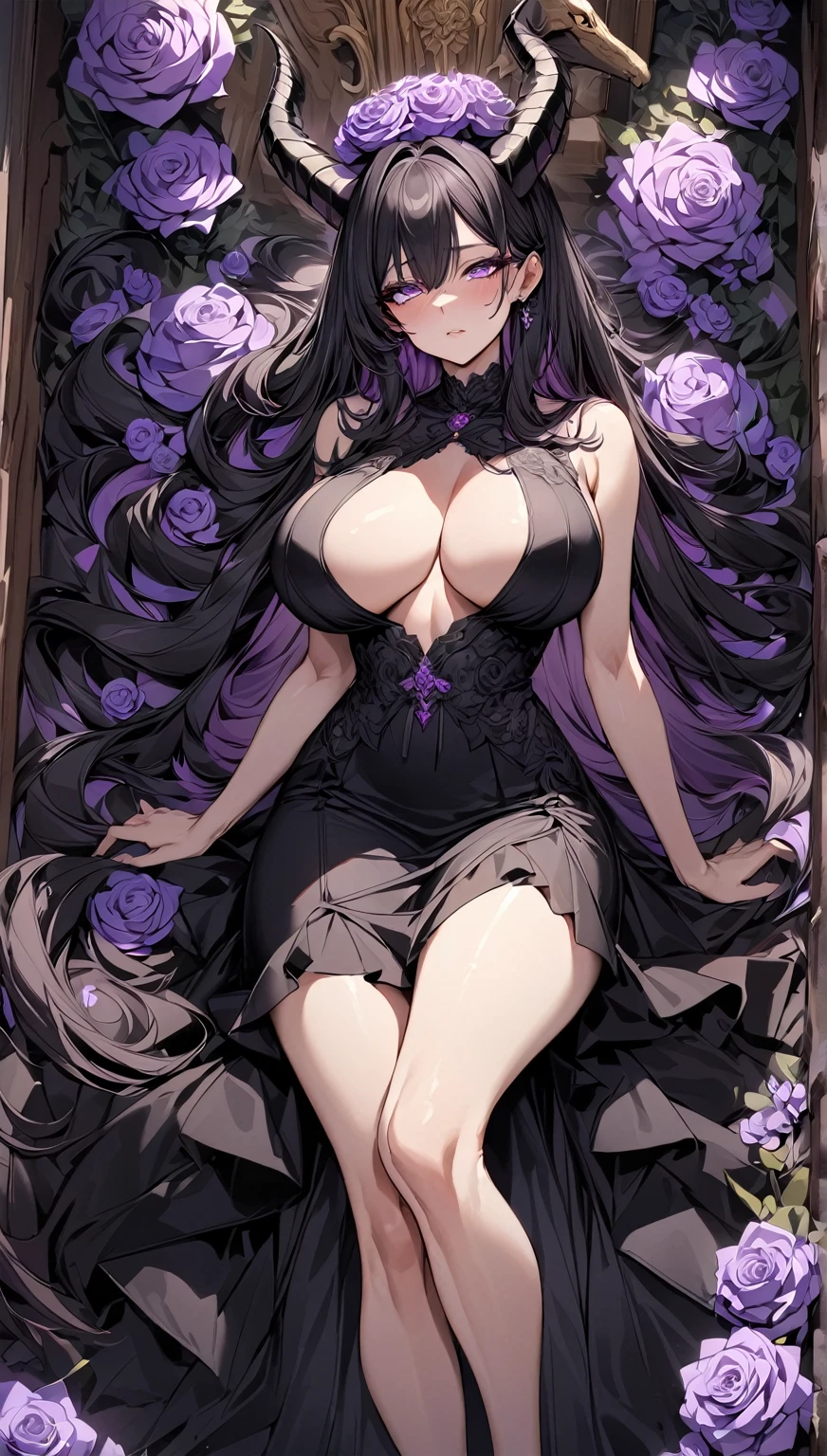 Masterpiece, very detailed, ultra detailed, alone, (1 woman), she is in a black detailed gothic dress, and in an elegant position, super mature, tall, milf style, mature mother, super long hair, black hair, super black hair and purple flower on the head, black demonic horns, beautiful, charming, bright purple eyes of reptiles, reptiles purple eyes, super purple eyes, bright eyes, elegant, big breasts (huge), neutral face, cold face, charming, against the background of crosses and coffins, valin atmosphere.