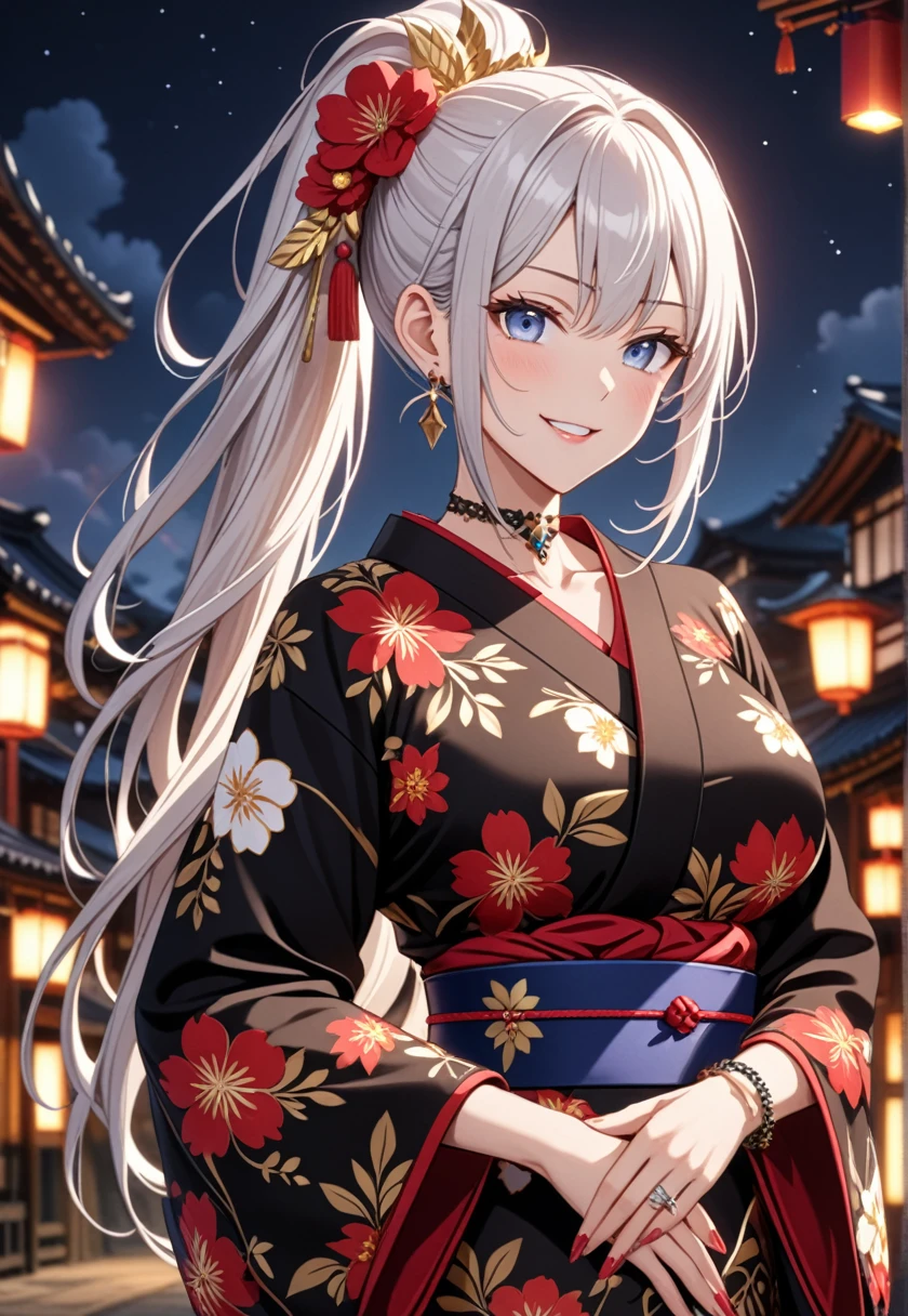 ((One personの女性)), Beautiful Face, (Laughing embarrassedly), ((smirk:1.2)), ((Wink:1.7)), (head tilt:1.3), upper teeth, looking at viewer, ((full-face brash:1.5)),  ((Big Breasts:1.4)), night,Countryside landscape,  Glossy Red Lips, (Shining Face),  ((Black long sleeve kimono:1.8)), ((Anime style background)),masterpiece, Highest quality, so beautiful,up to date, Complex details, (Pink long nails), (nail art), (ring),(bracelet),(Floral choker), AI-generated, Complex,High resolution, Highest quality, super high quality,3D Images、3D Images,One person,Long white hair,High Ponytail, Anime woman posing for a photo, ((silver eyes:1.4)), ((Fine grain、blue eyes、Shining Eyes:1.3)), (Squint your eyes:1.1),a hyperRealistic , hyperRealistic , Realistic,Anime woman with long white hair, Smooth anime CG art, (A woman in a colorful kimono with gold embroidery),(Red floral pattern),Long flower hair ornament,Earrings,Mature Body,Abdominal muscles,Tight waist, ((Zoom in on face:2.1)), (front view:1.3),