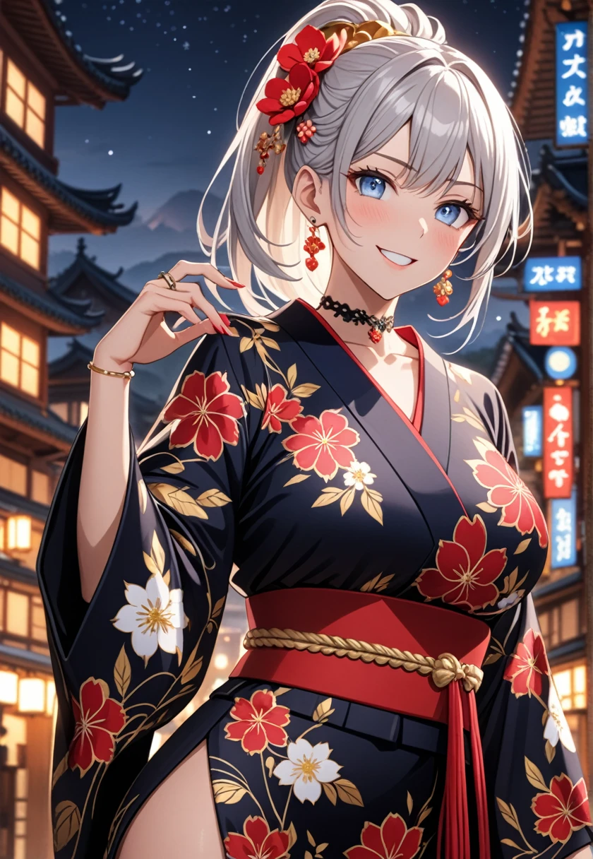 ((One personの女性)), Beautiful Face, (Laughing embarrassedly), ((smirk:1.2)), ((Wink:1.7)), (head tilt:1.3), upper teeth, looking at viewer, ((full-face brash:1.5)),  ((Big Breasts:1.4)), night,Countryside landscape,  Glossy Red Lips, (Shining Face),  ((Black long sleeve kimono:1.8)), ((Anime style background)),masterpiece, Highest quality, so beautiful,up to date, Complex details, (Pink long nails), (nail art), (ring),(bracelet),(Floral choker), AI-generated, Complex,High resolution, Highest quality, super high quality,3D Images、3D Images,One person,Long white hair,High Ponytail, Anime woman posing for a photo, ((silver eyes:1.4)), ((Fine grain、blue eyes、Shining Eyes:1.3)), (Squint your eyes:1.1),a hyperRealistic , hyperRealistic , Realistic,Anime woman with long white hair, Smooth anime CG art, (A woman in a colorful kimono with gold embroidery),(Red floral pattern),Long flower hair ornament,Earrings,Mature Body,Abdominal muscles,Tight waist, ((Zoom in on face:2.1)), (front view:1.3),