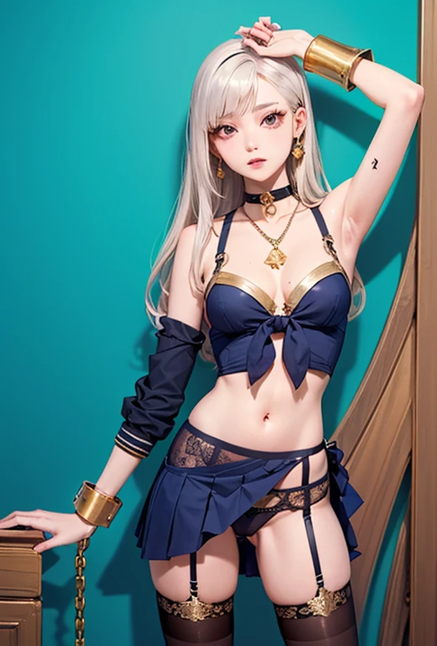 (Photorealistic:1.8, Highest quality:1.8、8K masterpiece:1.8、Super detailed、Ultra-high resolution、Detailed Background)、((Flat Color))、((colorful))、Multicolored lighting、((浮かぶcolorfulな水))、Blue background、
A woman in a nurse uniform is tied up、Random Pause、(Golden chains on body、Golden handcuffs)、Random Sexy Poses、Turn around、Angle from behind、
(Long Hair、Vermilion, silver and gold hair、hair ornaments、Brown Skin)、(choker、Skirt with slits、Knee-high stockings、garter belt、Wedgie Panties)、Beautiful hip line、TWICE's Tzuyu' on pause、Beautiful blue eyes、(A rich expression、smile)