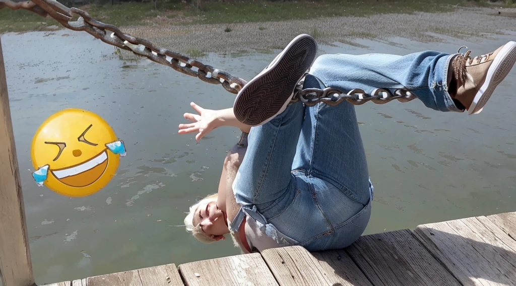 American woman, about 30 years old, white skin, shapely body, long blonde hair, wearing a red bra, white short skirt, leaning back, feet hooked on chains, colored sneakers white, arms spread out, face scared.