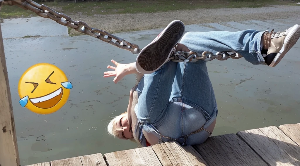 American woman, about 30 years old, white skin, shapely body, long blonde hair, wearing a red bra, white short skirt, leaning back, feet hooked on chains, colored sneakers white, arms spread out, face scared.