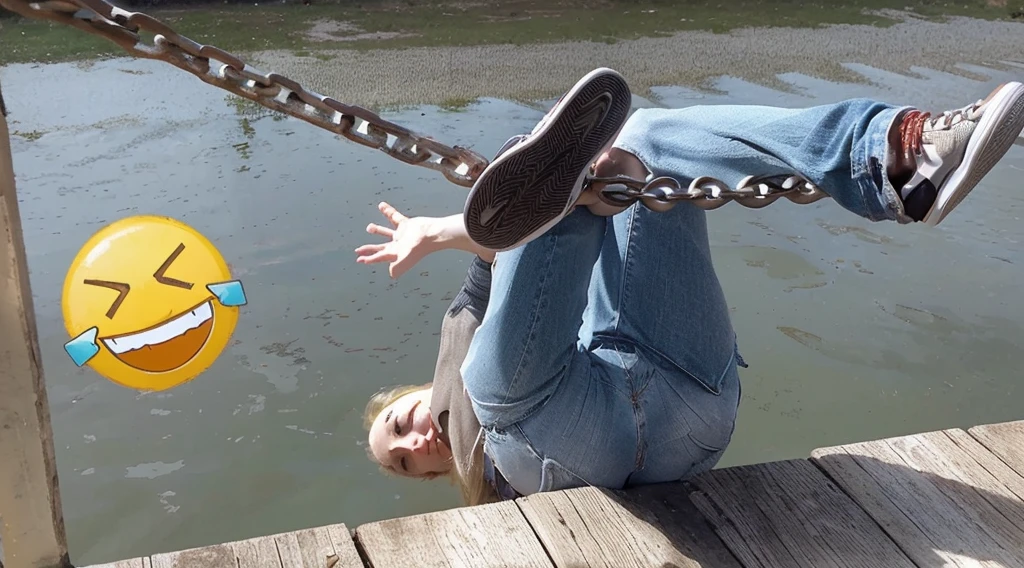 American woman, about 30 years old, white skin, shapely body, long blonde hair, wearing a red bra, white short skirt, leaning back, feet hooked on chains, colored sneakers white, arms spread out, face scared.