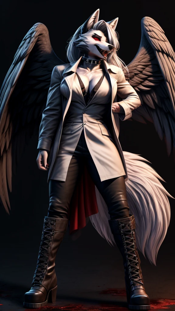 Loona from Helluva Boss, female wolf, anthro, mature adult, white hair, grey eyes, tall, muscular, dark angel, torture and violence angel, shirt, pants, trench coat, boots, chains, blindfolded, laughing, visible fangs, covered in blood, bloody face, standing, detailed, solo, beautiful, high quality, clear dark background, full body, 4K