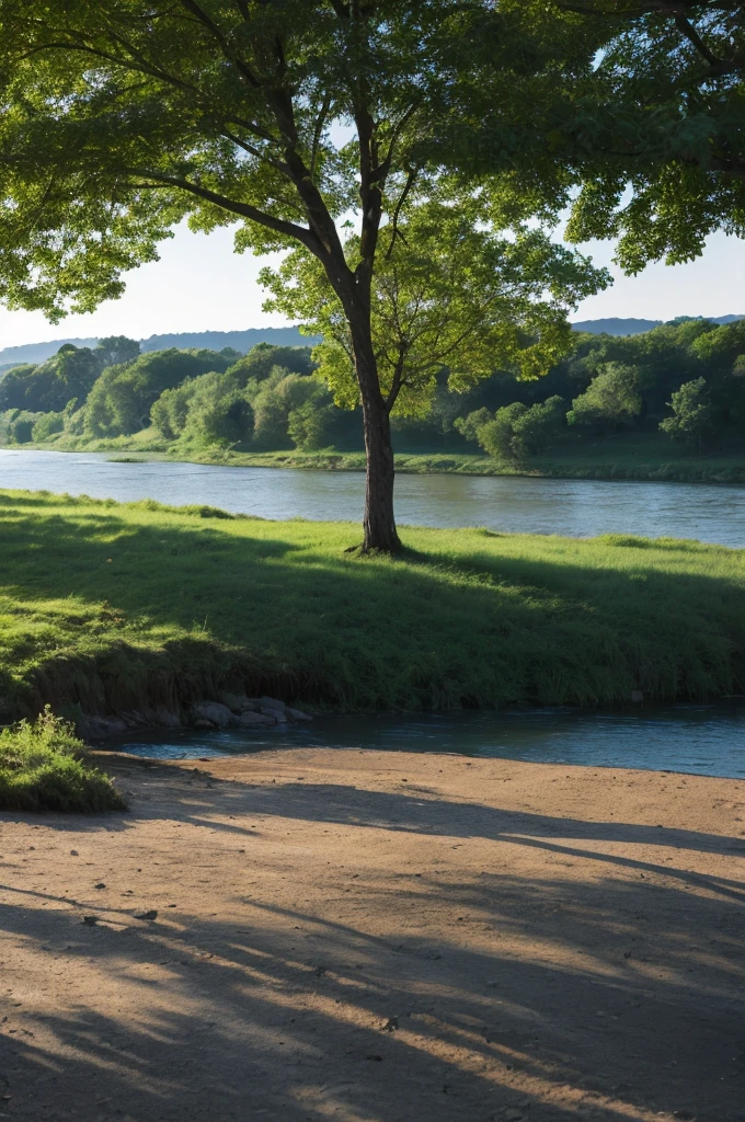 There is a big tree in the middle, a river, and some ground. Nature. It feels better to be closer and further away. The ground is narrower and the river is thinner.