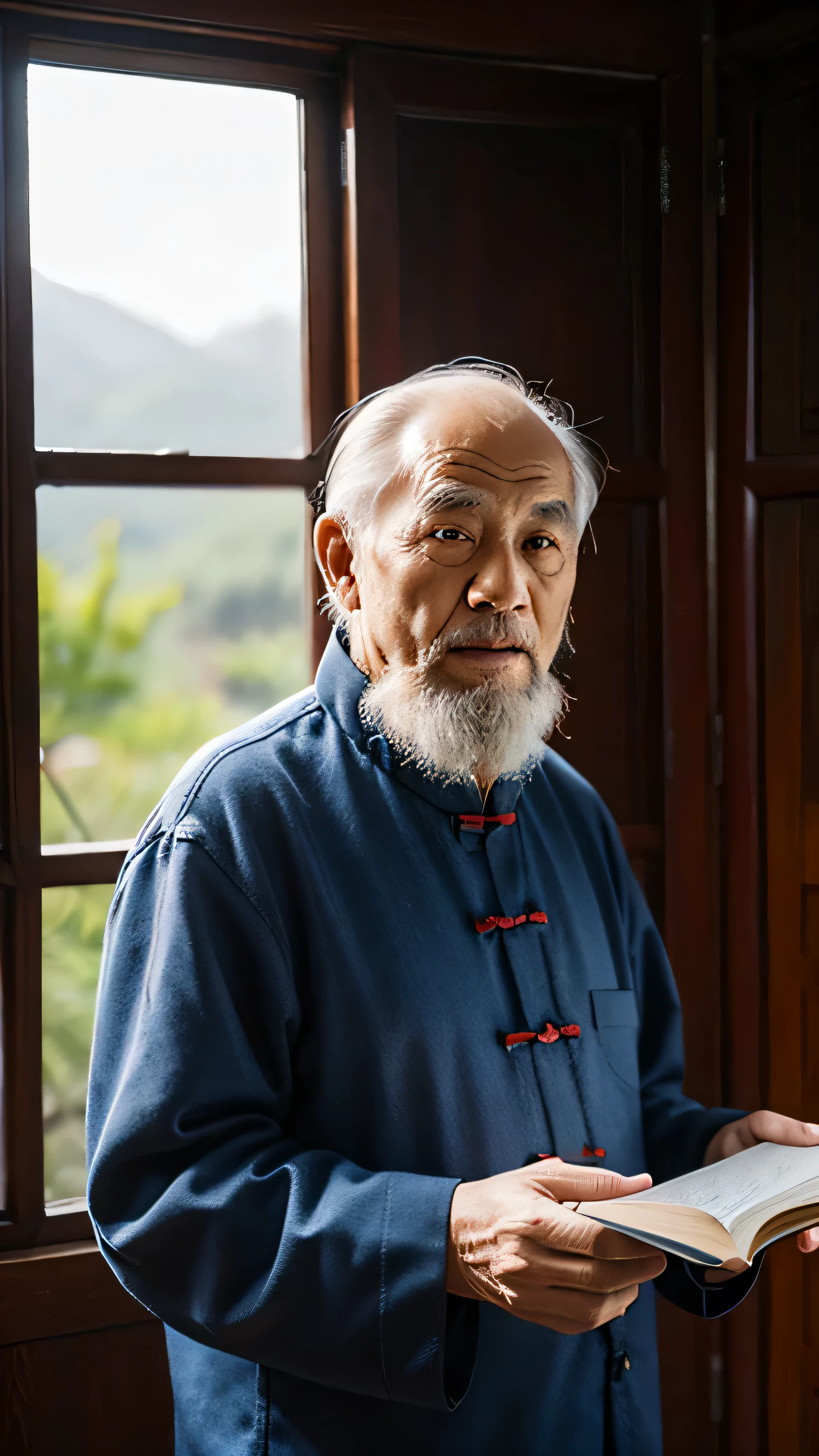 An old man with traditional Chinese thinking，Real frontal photo，Real background，The background is natural，Holding a book，Worn clothes，Wrinkled face，80-year-old Chinese medicine practitioner，Wise eyes，The beard is white，Men，Country Style，Leave the top of your head empty