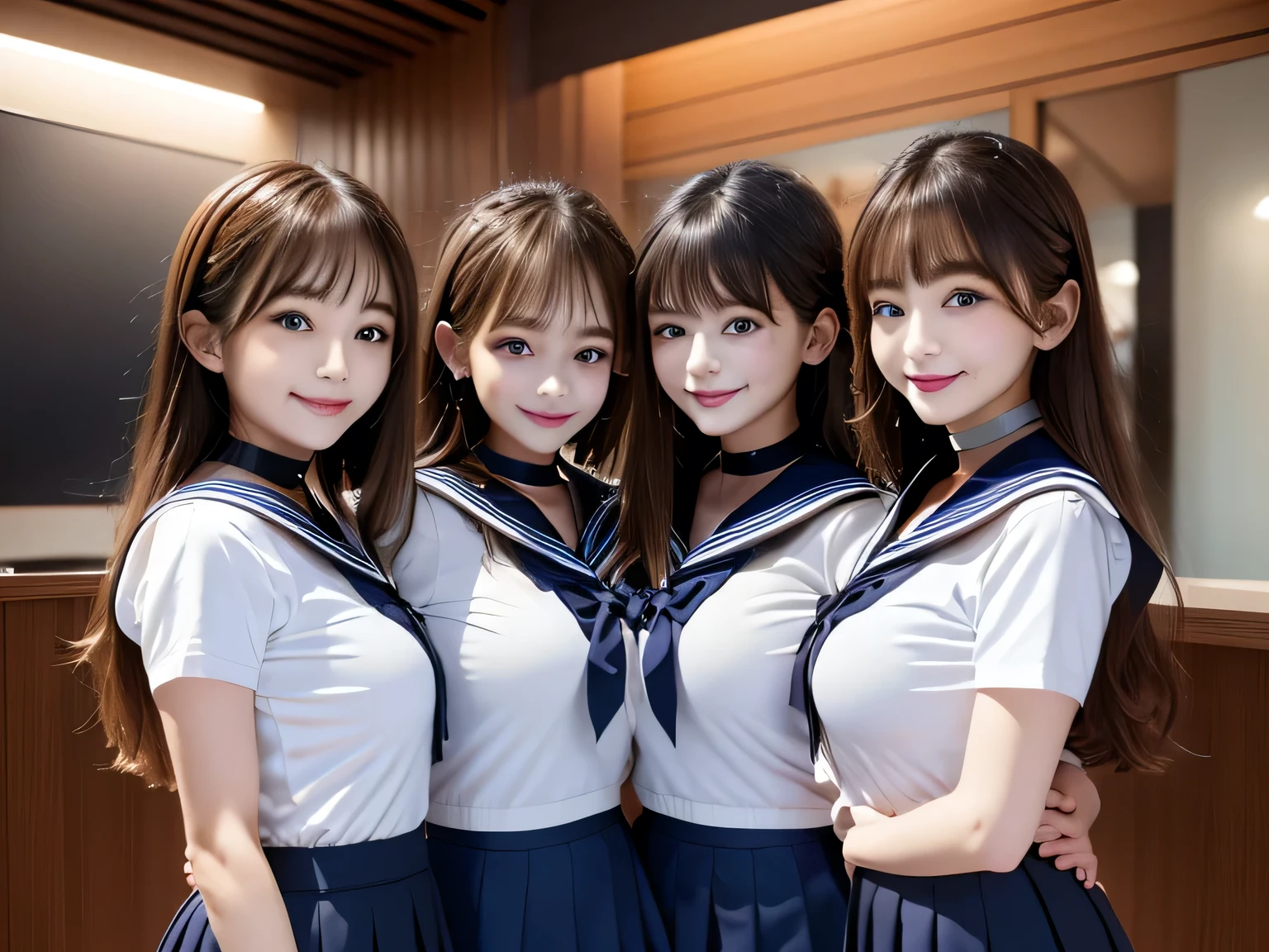 100 Girls,Crowded, Long Hair, Brown Hair, sexy, A row of girls, Girls standing in a row, Girls only, Sisters, ((uniform。Sailor suit、mini skirt)),Full body photo:1.9, Adorable, smile, Slim face, Slim body, Short Brown Hair, 32k, masterpiece, Best image quality,Ultra-high resolution,Perfect hands,Black Choker、blue eyes、bangs、Very numerous and very long eyelashes, Lots of girls、 Dependents, Fully booked, Big Breasts、conference room