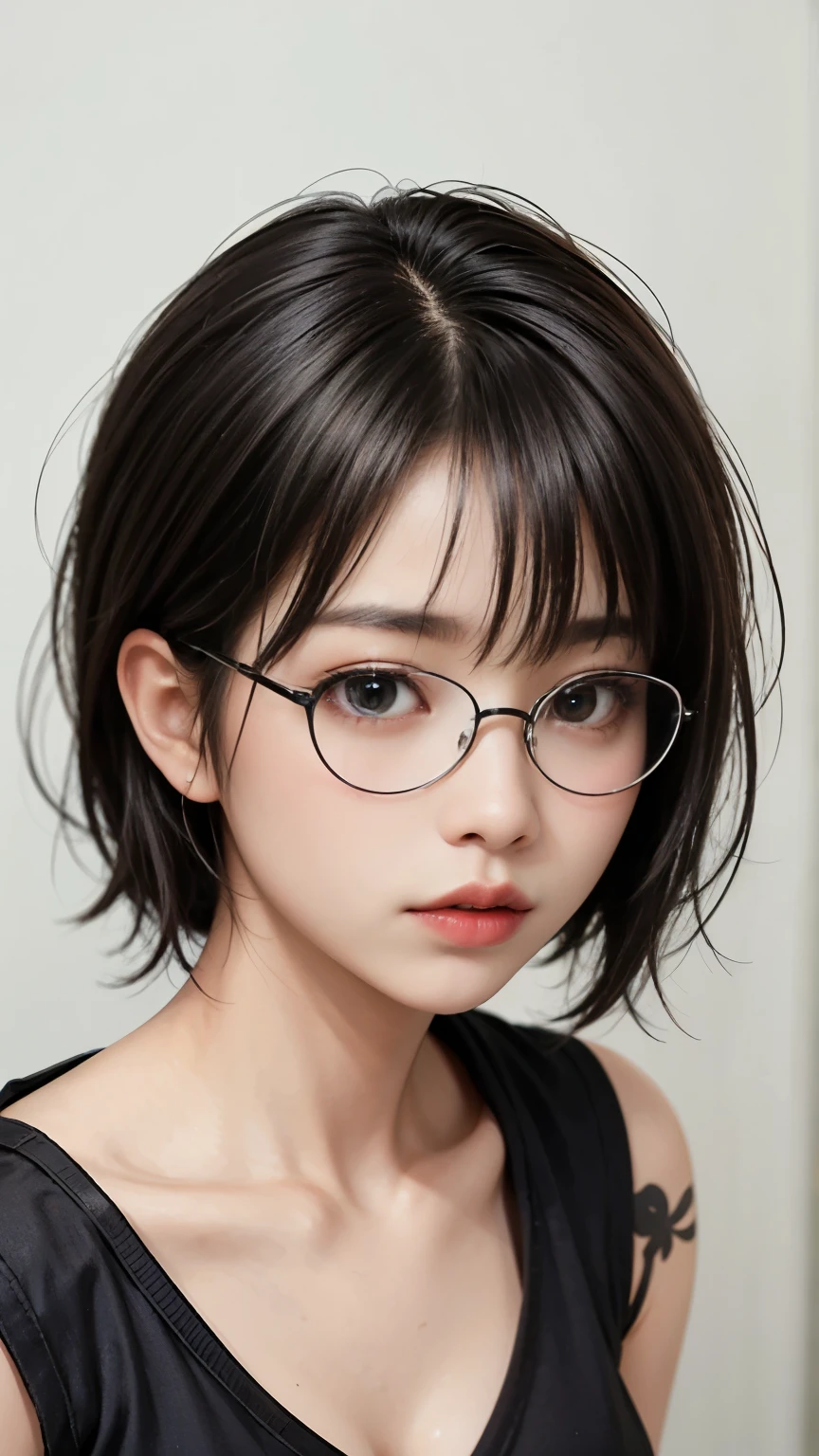 masterpiece, best quality, realistic, highly detailed, 1girl, solo, cowboy shot, different eyes color, glasses, short hair, black hair, medium , stylish T-shirt, Lips pierced, tatto on neck, beautiful girl, A tomboy face, Flat face without expression, detail eyes, detail hair, perfect lighting