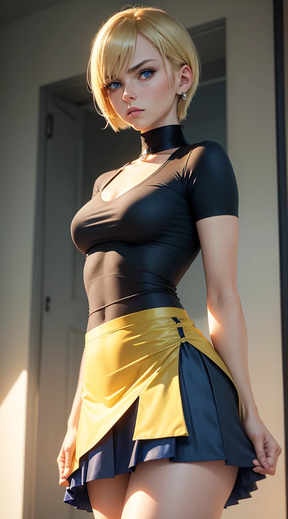 blonde GIRL, blue eyes, skirt, tight shirt, flat chest, short hair, mullet, wearing yellow, mean glare.  collar,, ADULT, OLDER

