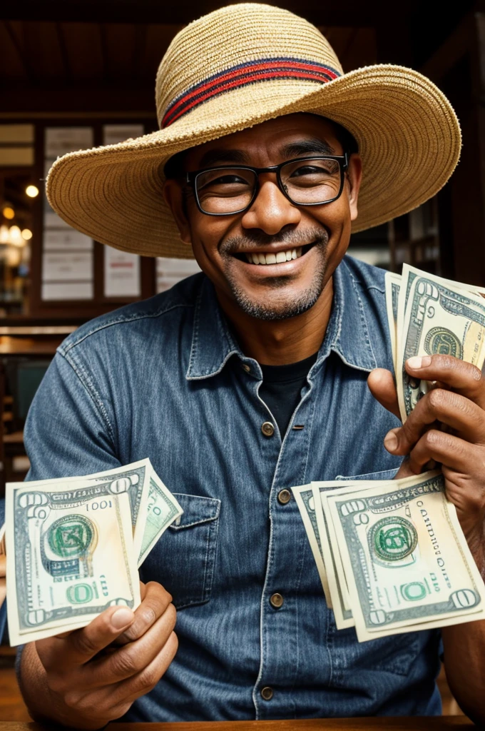 A wad of one dollar bills,with glasses, smiling,with arms and legs,with a Peruvian hat.