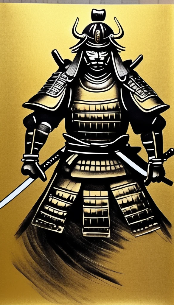 samurai wearing armor,black,Draw in black on a gold background,Japanese painting,draw with ink,Shades of black unique to sumi-e,A shading technique unique to sumi-e,he has someone important to protect,I&#39;m about to take on a life-threatening battle.,Expresses strong determination and will,A straight and beautiful sword:Traditional crafts:masterpiece:made in Japan,Metallic luster,masterpiece,Inheriting the spirit of Akira Kurosawa,cool,wonderful,used in a movie poster,professional works,The highest masterpiece,High resolution,moderate dirt,History and traditions
