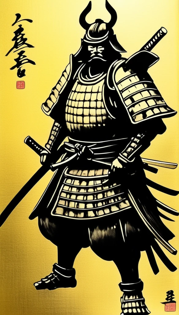 samurai wearing armor,black,Draw in black on a gold background,Japanese painting,draw with ink,Shades of black unique to sumi-e,A shading technique unique to sumi-e,he has someone important to protect,I&#39;m about to take on a life-threatening battle.,Expresses strong determination and will,A straight and beautiful sword:Traditional crafts:masterpiece:made in Japan,Metallic luster,masterpiece,Inheriting the spirit of Akira Kurosawa,cool,wonderful,used in a movie poster,professional works,The highest masterpiece,High resolution,moderate dirt,History and traditions