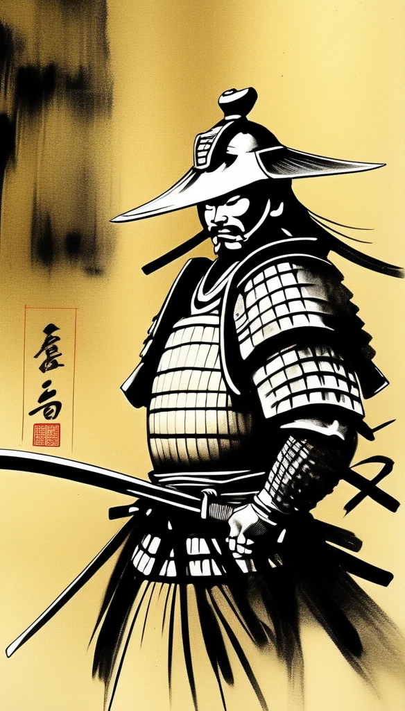 samurai wearing armor,black,Draw in black on a gold background,Japanese painting,draw with ink,Shades of black unique to sumi-e,A shading technique unique to sumi-e,he has someone important to protect,I'm about to take on a life-threatening battle.,Expresses strong determination and will,A straight and beautiful sword:Traditional crafts:masterpiece:made in Japan,Metallic luster,masterpiece,Inheriting the spirit of Akira Kurosawa,cool,wonderful,used in a movie poster,professional works,The highest masterpiece,High resolution,moderate dirt,History and traditions
