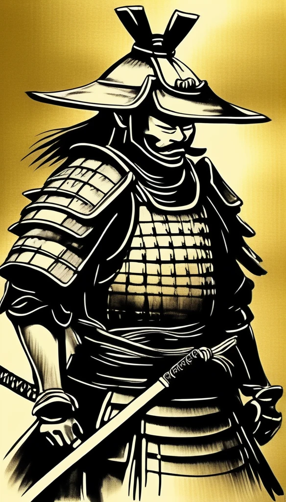 samurai wearing armor,black,Draw in black on a gold background,Japanese painting,draw with ink,Shades of black unique to sumi-e,A shading technique unique to sumi-e,he has someone important to protect,I&#39;m about to take on a life-threatening battle.,Expresses strong determination and will,A straight and beautiful sword:Traditional crafts:masterpiece:made in Japan,Metallic luster,masterpiece,Inheriting the spirit of Akira Kurosawa,cool,wonderful,used in a movie poster,professional works,The highest masterpiece,High resolution,moderate dirt,History and traditions