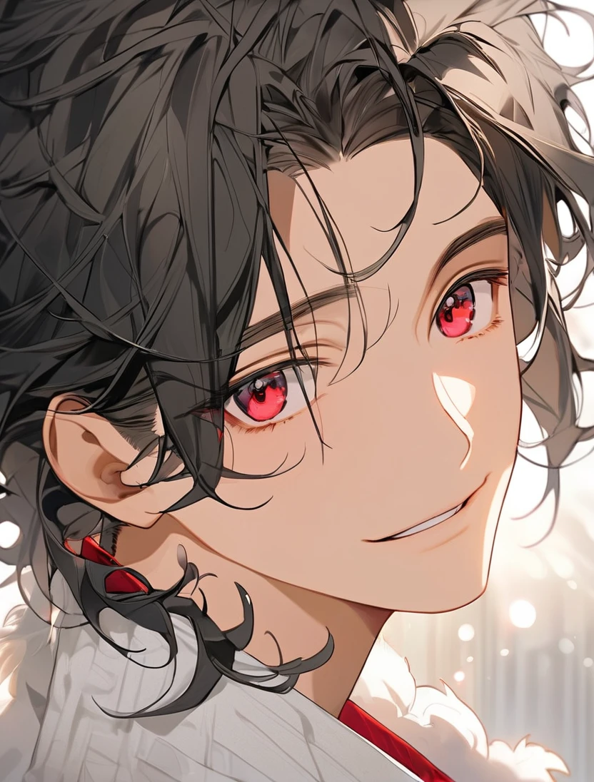 (Black_Hair), (red_ruby_eyes), (Handsome), (attractive), (male), (close_up_shot), (detailed_eyes), (detailed_hair), (clean_hair), (carefree_expression), (vertical_pupils), (peaceful_atmosphere), (jawline), (fluffy_hair) 