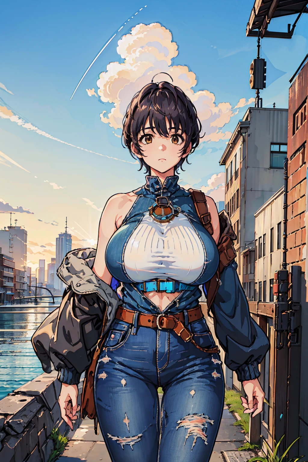 (masterpiece, best quality:1.2), 1 girl, Solitary , Sexy , Blue Jacket , Tailored jeans , (Cowboy shooting) , Black Hair , White top,huge , Crazy breast swelling, Chest larger than shoulder blades, Big breasts and thin waist,(huge breasts:1.2),Hydrated skin((rogue))((非常huge乳房)),((Grooves reveal original skin))