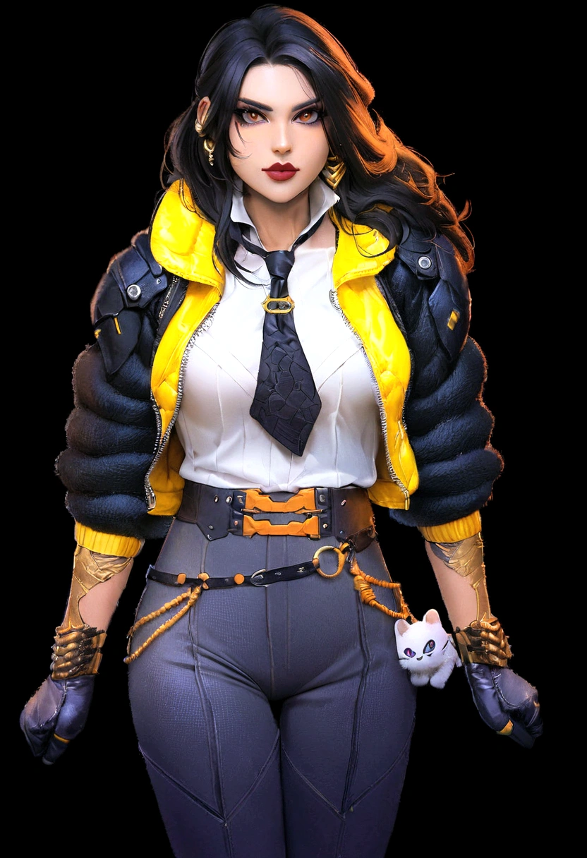 a close-up of a woman in a yellow jacket and black tie, faye san valentin, kate obispo, Judy Alvarez Cyberpunk, wearing cyberpunk jacket 2 0 7 7, Portrait of Tifa Lockhart, faye san valentin from cowboy bebop, Loba Andrade de Apex Legends, Brigitte de Overwatch, Portrait of Tifa Lockhart, jet black haired cyberpunk girl, cyberpunk femme fatale