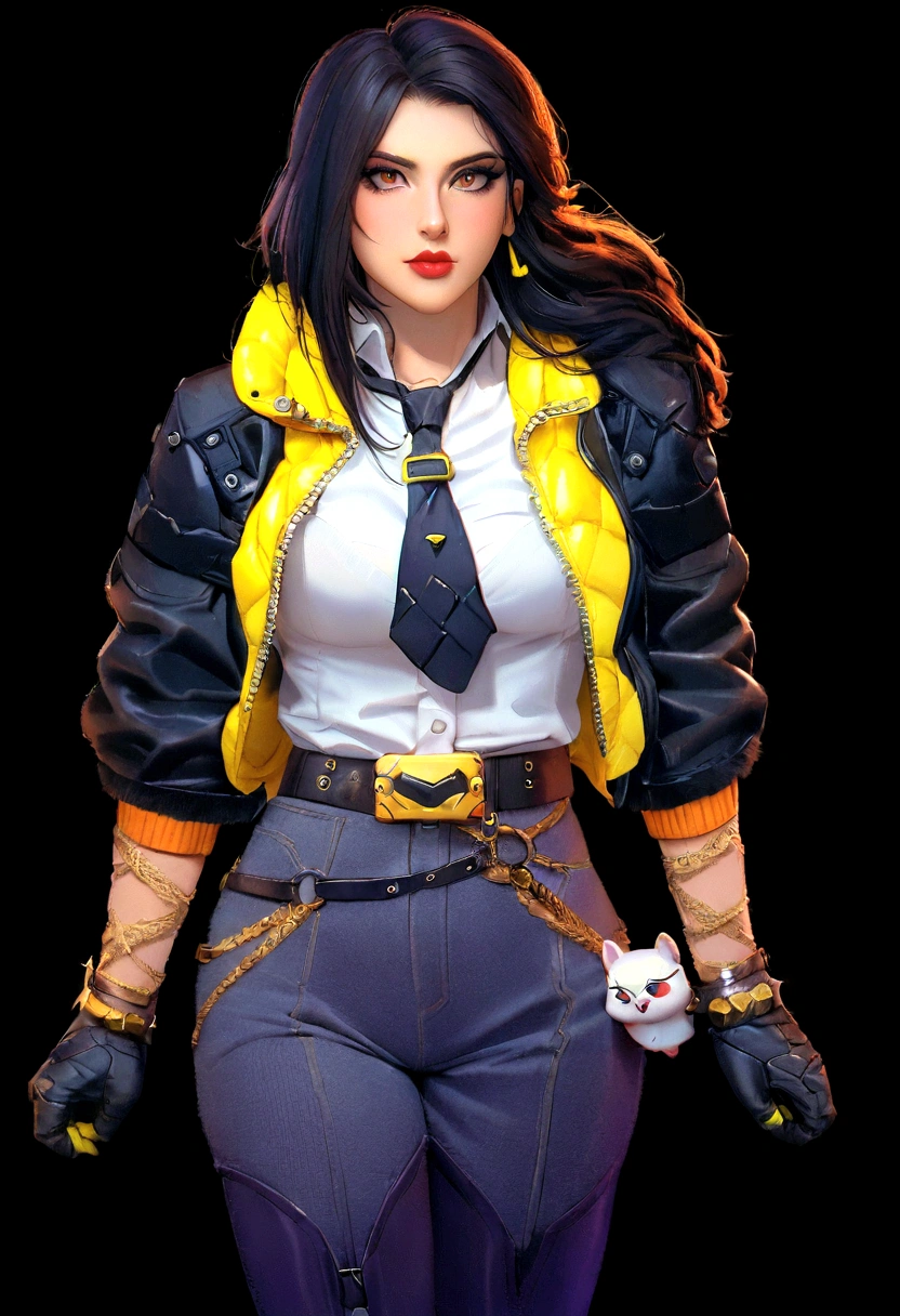 a close-up of a woman in a yellow jacket and black tie, faye san valentin, kate obispo, Judy Alvarez Cyberpunk, wearing cyberpunk jacket 2 0 7 7, Portrait of Tifa Lockhart, faye san valentin from cowboy bebop, Loba Andrade de Apex Legends, Brigitte de Overwatch, Portrait of Tifa Lockhart, jet black haired cyberpunk girl, cyberpunk femme fatale