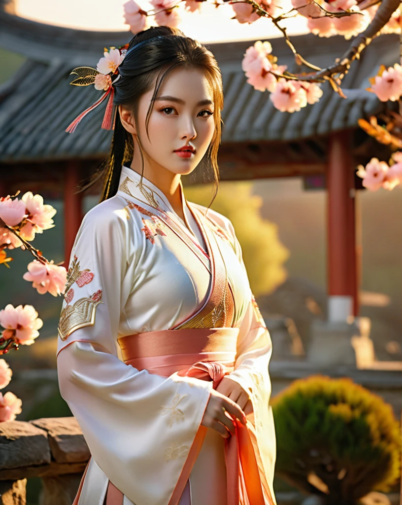 beautiful korean female, 31 inch breasts size, wearing luxury white fantasy traditional chinese dress , In the ancient peach garden, sunset light,bokeh background, UHD, Inspired by Xiaolongnü in the movie The Return of the Condor Heroes2,video game style, mortal kombat style