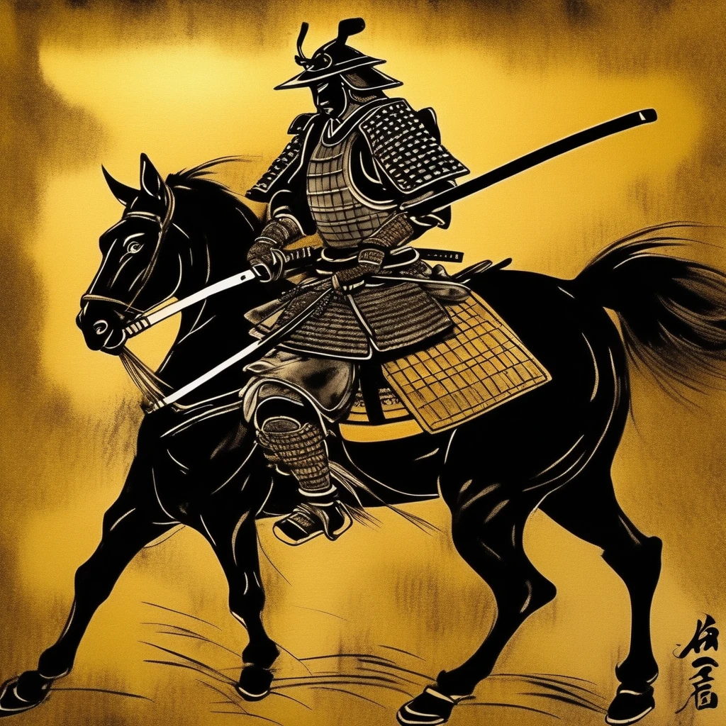 samurai wearing armor,black,Draw in black on a gold background,Japanese painting,draw with ink,Shades of black unique to sumi-e,A shading technique unique to sumi-e,he has someone important to protect,I'm about to take on a life-threatening battle.,Expresses strong determination and will,A straight and beautiful sword:Traditional crafts:masterpiece:made in Japan,Metallic luster,masterpiece,Inheriting the spirit of Akira Kurosawa,cool,wonderful,used in a movie poster,professional works,The highest masterpiece,High resolution,moderate dirt,History and traditions
