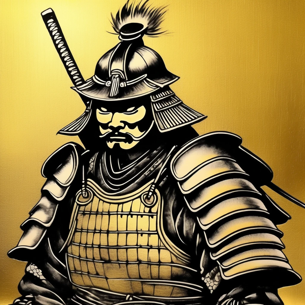 samurai wearing armor,black,Draw in black on a gold background,Japanese painting,draw with ink,Shades of black unique to sumi-e,A shading technique unique to sumi-e,he has someone important to protect,I'm about to take on a life-threatening battle.,Expresses strong determination and will,A straight and beautiful sword:Traditional crafts:masterpiece:made in Japan,Metallic luster,masterpiece,Inheriting the spirit of Akira Kurosawa,cool,wonderful,used in a movie poster,professional works,The highest masterpiece,High resolution,moderate dirt,History and traditions