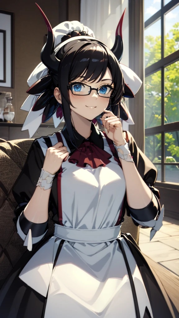 (masterpiece, best quality:1.2),1girl,mature female,pale skin,small breasts:1.49,dragonmaid house, house dragonmaid, yugioh, hair bow, short hair, black hair, (blue eyes:1.5),(black dress with a white arpon:1.2), eye details,teasing smile, clean detailed anime art,high resolution, (perfect hands, perfect anatomy),wear eye glasses, anime style, dragon horn on head