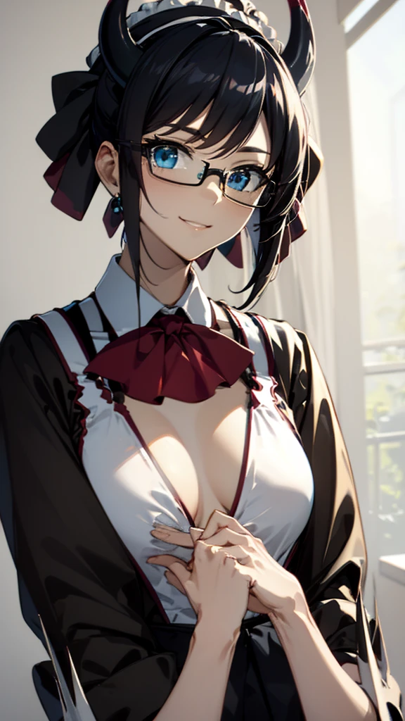 (masterpiece, best quality:1.2),1girl,mature female,pale skin,small breasts:1.49,dragonmaid house, house dragonmaid, yugioh, hair bow, short hair, black hair, (blue eyes:1.5),(black dress with a white arpon:1.2), eye details,teasing smile, clean detailed anime art,high resolution, (perfect hands, perfect anatomy),wear eye glasses, anime style, dragon horn on head