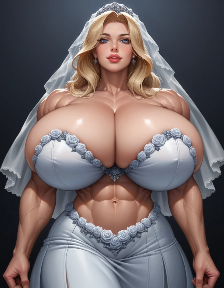 woman looking down and reaching down (very muscular widehips_abs thin waits large breasts)(close up of a beautiful blonde bride wedding dress abs, jewelry lower angle )hyperrealistic art cinematic film still lower angle photography in the style of detailed hyperrealism photoshoot . () Extremely high-resolution details, photographic, realism pushed to extreme, fine texture, incredibly, (loving adoringsmile big lips lipstick dark), (very muscular huge breasts:2.0) blue eyes