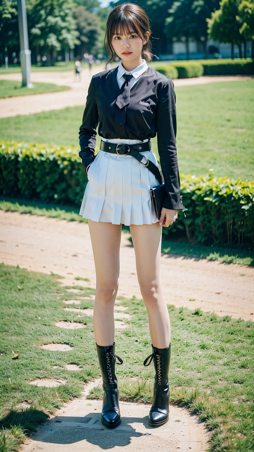 (8K、RAW Photos、Highest quality、masterpiece:1.2)、(Realistic、Realistic)、1 Girl、((Check mini skirt、tie、Medium Hair、black、Thin legs、whole body、boots、blackいコート、one piece、garden、View from the front、Looking into the camera、belt、Stand with hands on hips))、