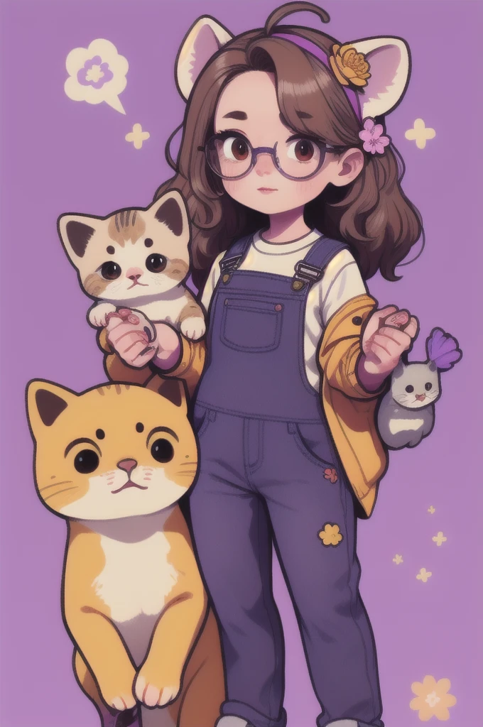 a girl with brown hair and some purple highlights, dark slanted and delicate eyes, with glasses, wearing a pink and purple dungaree, with a flower in the middle, holding hands with her pets, a cute, white and orange anthropomorphic kitten, with a flower on her head, she wears a lilac and yellow jumpsuit